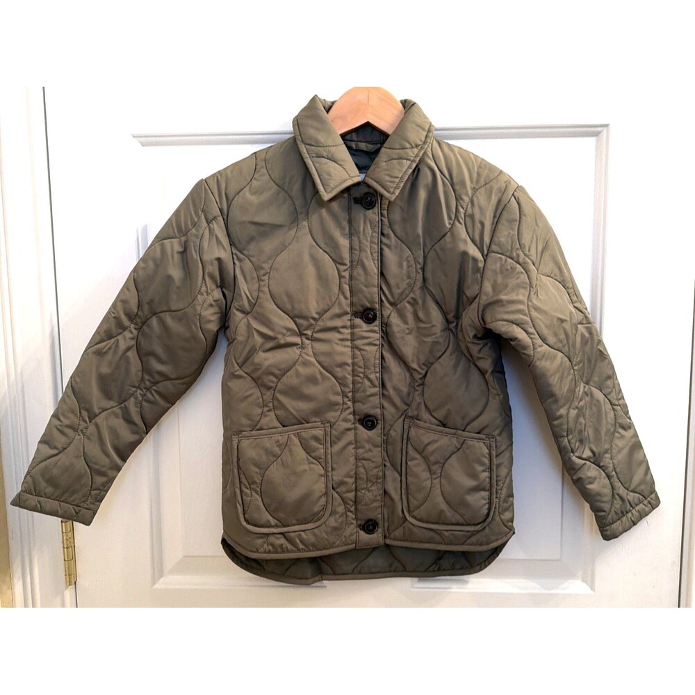 Old Navy Girl's Medium Weight Quilted Jacket 8 M Button Front Olive Green Pocket